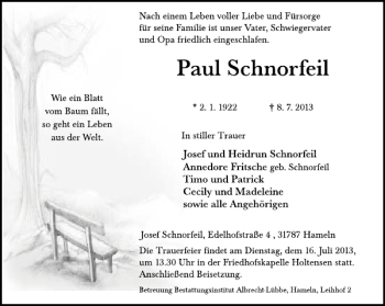 Traueranzeige von Paul Schnorfeil von Deister- und Weserzeitung