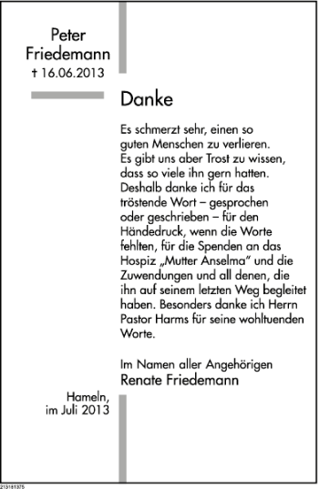 Traueranzeige von Peter Friedemann von Deister- und Weserzeitung