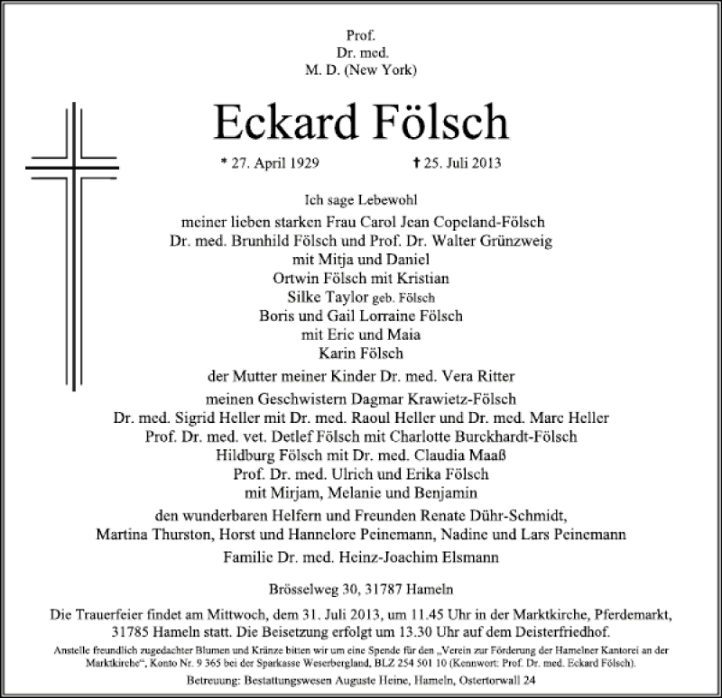  Traueranzeige für Prof. Dr. Eckard Fölsch vom 27.07.2013 aus Deister- und Weserzeitung