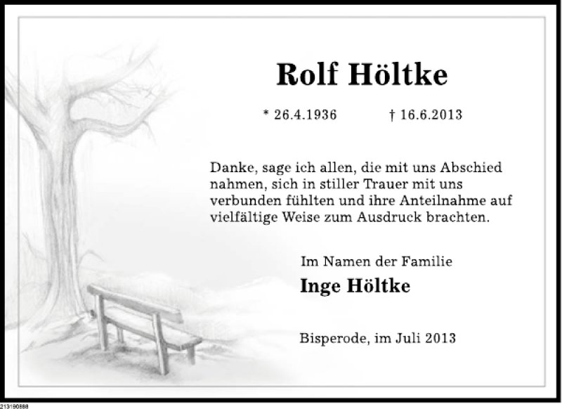  Traueranzeige für Rolf Höltke vom 20.07.2013 aus Deister- und Weserzeitung