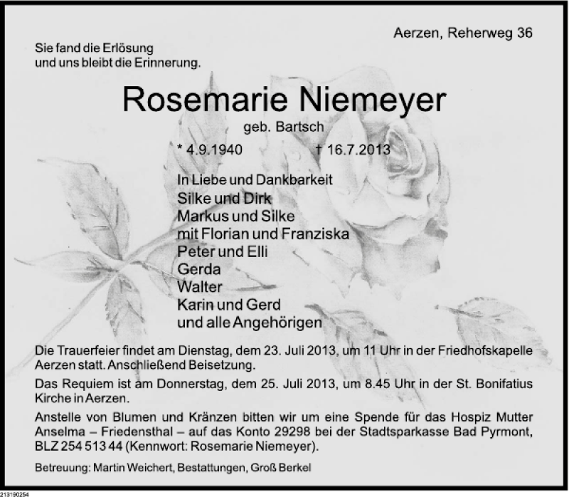  Traueranzeige für Rosemarie Niemeyer vom 20.07.2013 aus Deister- und Weserzeitung