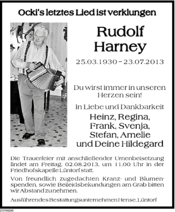 Traueranzeige von Rudolf Harney von Deister- und Weserzeitung