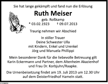 Traueranzeige von Ruth Meiser von Deister- und Weserzeitung