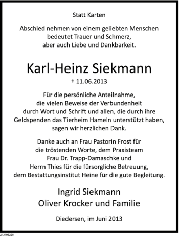 Traueranzeige von Siekmann Danksagung von Deister- und Weserzeitung