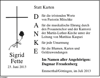 Traueranzeige von Sigrid Fette von Deister- und Weserzeitung