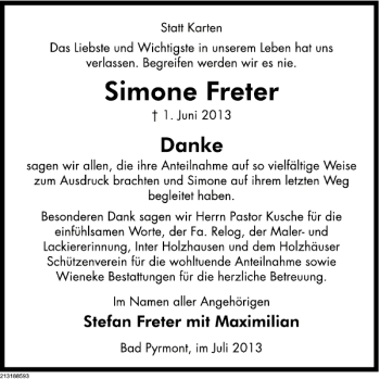 Traueranzeige von Simone Freter von Deister- und Weserzeitung