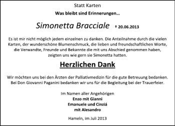 Traueranzeige von Simonetta Bracciale von Deister- und Weserzeitung