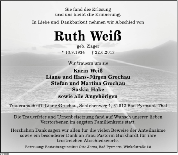 Traueranzeige von TA Ruth Weiß von Deister- und Weserzeitung