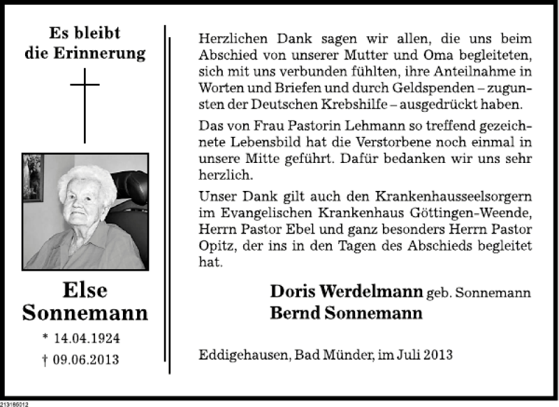  Traueranzeige für TD Else Sonnemann vom 06.07.2013 aus Deister- und Weserzeitung