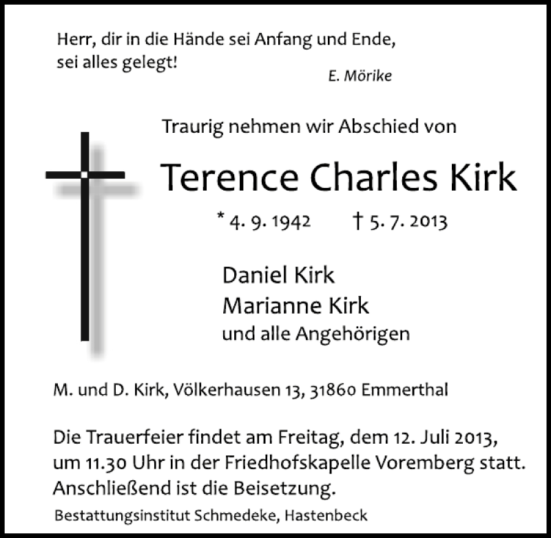  Traueranzeige für Terence Charles Kirk vom 10.07.2013 aus Deister- und Weserzeitung