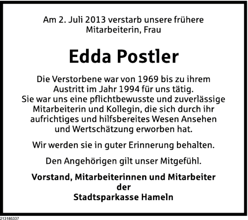  Traueranzeige für Traueranzeige Edda Postler vom 05.07.2013 aus Deister- und Weserzeitung