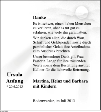 Traueranzeige von Ursula Anfang von Deister- und Weserzeitung