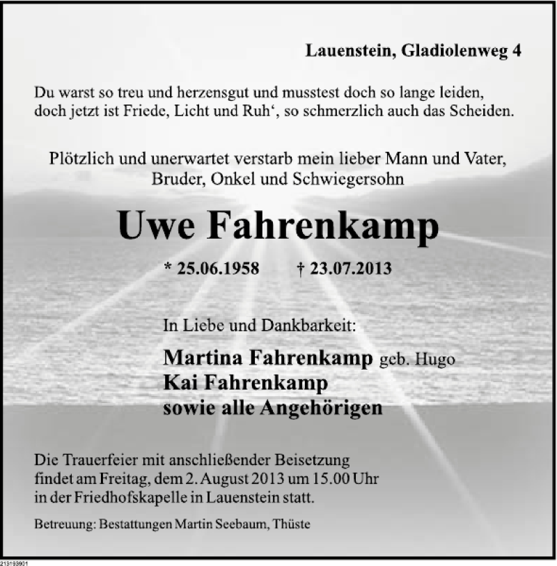  Traueranzeige für Uwe Fahrenkamp vom 27.07.2013 aus Deister- und Weserzeitung
