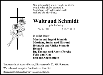 Traueranzeige von Waltraud Schmidt von Deister- und Weserzeitung