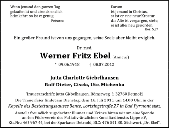 Traueranzeige von Werner Fritz Ebel von Deister- und Weserzeitung