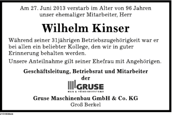 Traueranzeige von Wilhelm Kinser von Deister- und Weserzeitung