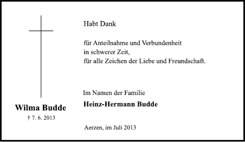  Traueranzeige für Wilma Budde vom 20.07.2013 aus Deister- und Weserzeitung
