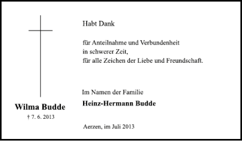 Traueranzeige von Wilma Budde von Deister- und Weserzeitung