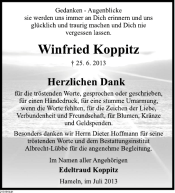 Traueranzeige von Winfried Koppitz von Deister- und Weserzeitung