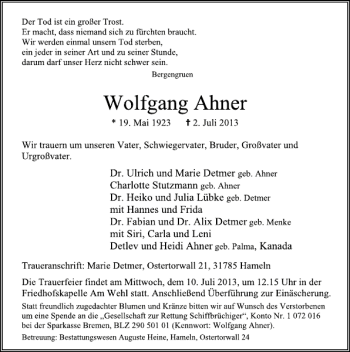 Traueranzeige von Wolfgng Ahner von Deister- und Weserzeitung