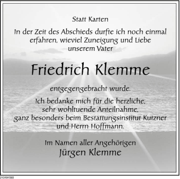 Traueranzeige von klemme Danksagung von Deister- und Weserzeitung