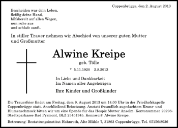 Traueranzeige von Alwine Kreipe von Deister- und Weserzeitung