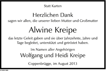 Traueranzeige von Alwine Kreipe von Deister- und Weserzeitung