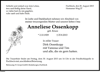 Traueranzeige von Anneliese Ossenkopp von Deister- und Weserzeitung