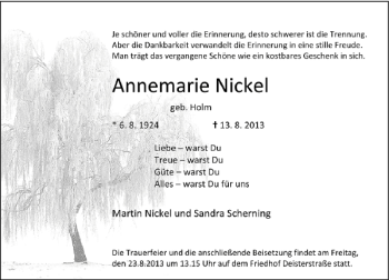 Traueranzeige von Annemarie Nickel von Deister- und Weserzeitung