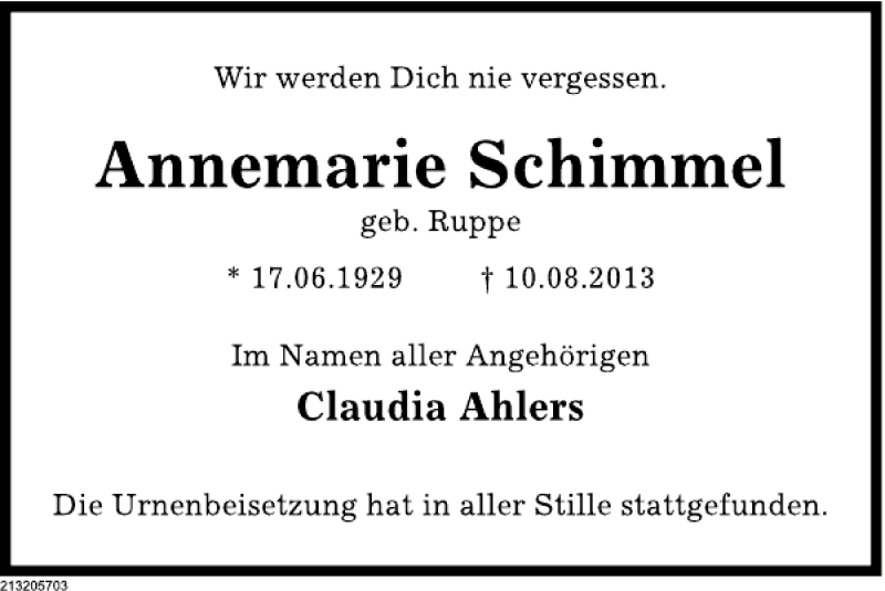  Traueranzeige für Annemarie Schimmel vom 28.08.2013 aus Deister- und Weserzeitung