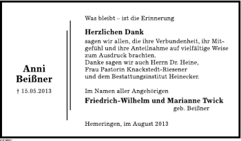 Traueranzeige von Anni Beißner von Deister- und Weserzeitung