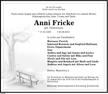 Traueranzeige von Anni Fricke von Deister- und Weserzeitung