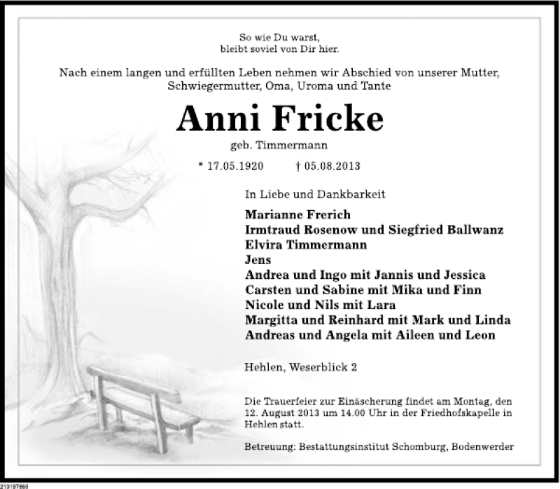  Traueranzeige für Anni Fricke vom 07.08.2013 aus Deister- und Weserzeitung