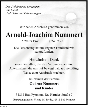 Traueranzeige von Arnold-Joachim Nummert von Deister- und Weserzeitung