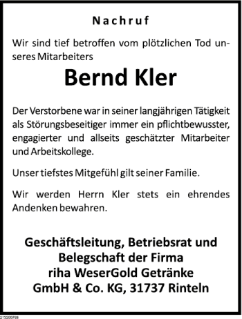 Traueranzeige von Bernd Kler von Deister- und Weserzeitung