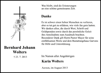 Traueranzeige von Bernhard Johann Wolters von Deister- und Weserzeitung