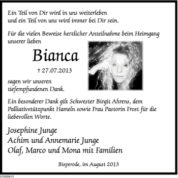 Traueranzeige von Bianca  von Deister- und Weserzeitung