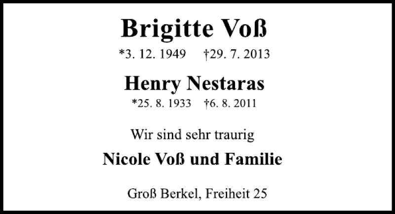  Traueranzeige für Brigitte Voß vom 10.08.2013 aus Deister- und Weserzeitung