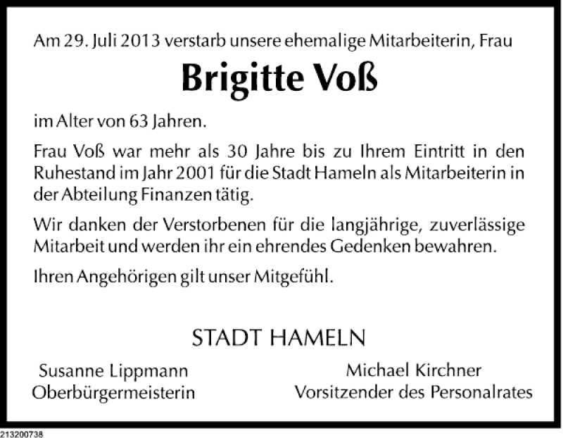  Traueranzeige für Brigitte Voß vom 14.08.2013 aus Deister- und Weserzeitung