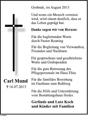 Traueranzeige von Carl Mund von Deister- und Weserzeitung