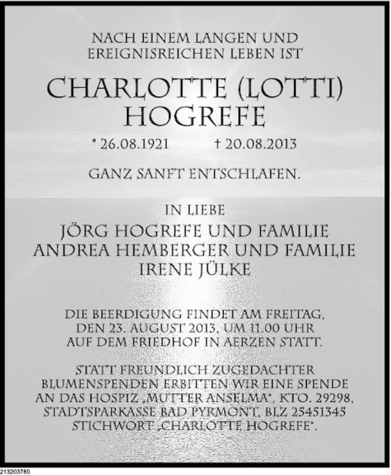  Traueranzeige für Charlotte Hogrefe vom 22.08.2013 aus Deister- und Weserzeitung