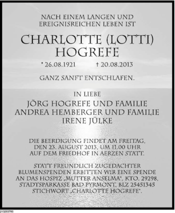 Traueranzeige von Charlotte Hogrefe von Deister- und Weserzeitung