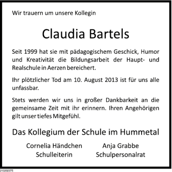 Traueranzeige von Claudia Bartels von Deister- und Weserzeitung