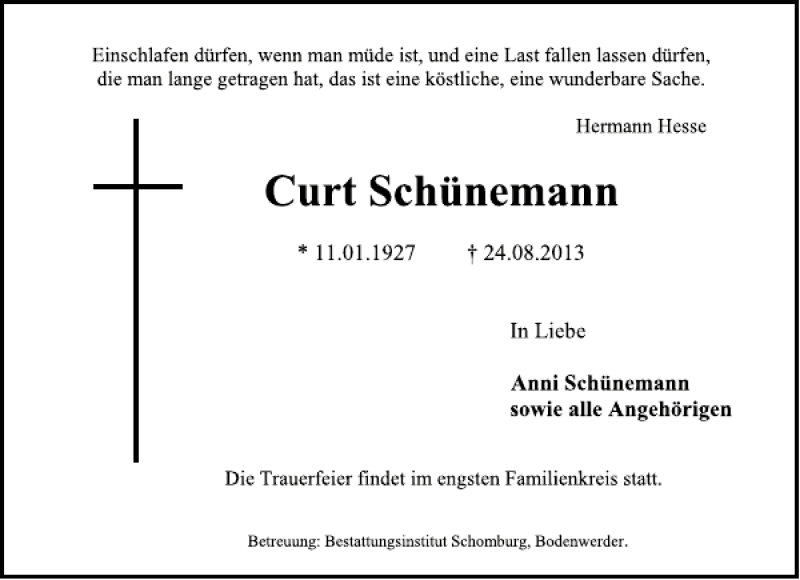  Traueranzeige für Curt Schünemann vom 26.08.2013 aus Deister- und Weserzeitung