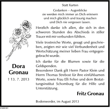 Traueranzeige von Dora Gronau von Deister- und Weserzeitung