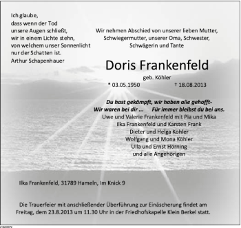 Traueranzeige von Doris Frankenfeld von Deister- und Weserzeitung