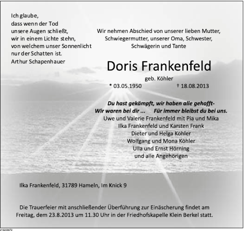  Traueranzeige für Doris Frankenfeld vom 21.08.2013 aus Deister- und Weserzeitung