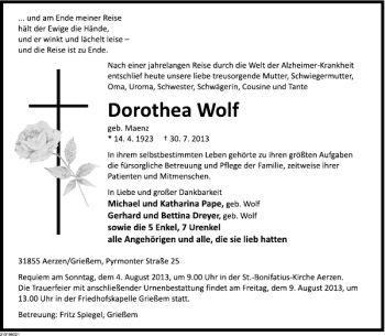 Traueranzeige von Dorothea Wolf von Deister- und Weserzeitung