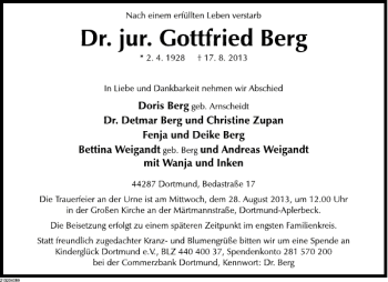 Traueranzeige von Dr. jur. Gottfried Berg von Deister- und Weserzeitung