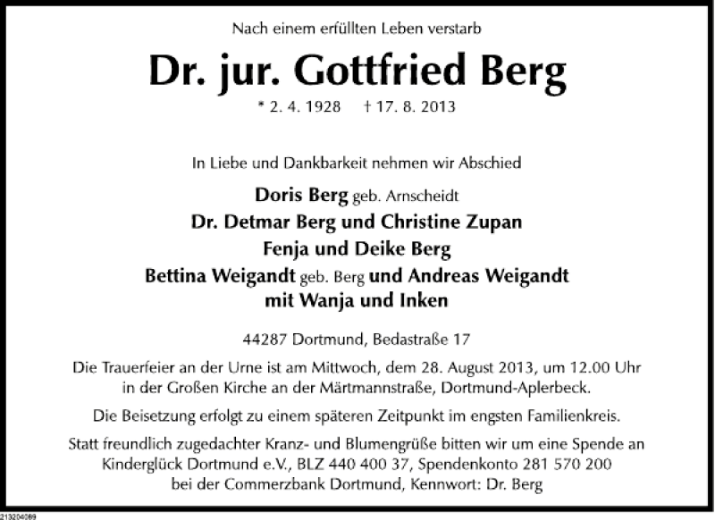  Traueranzeige für Dr. jur. Gottfried Berg vom 24.08.2013 aus Deister- und Weserzeitung